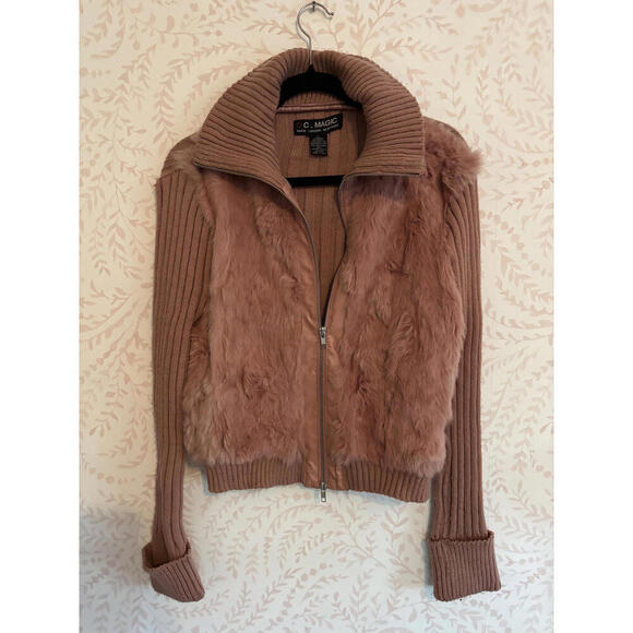 Sweaters - C. Magic Women's AUTH Fur and Ribbed Knit Zip-Up Sweater L